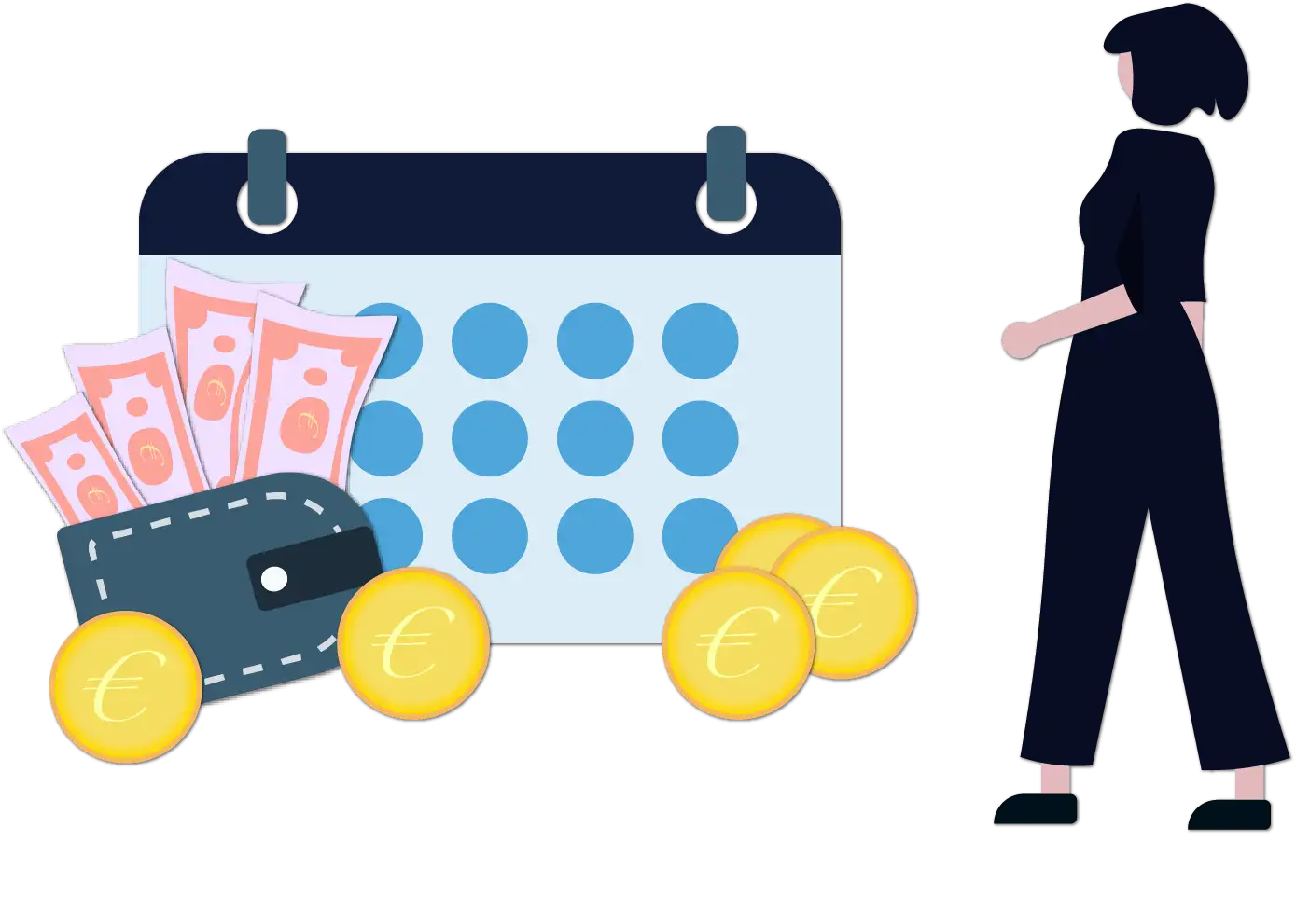 Kalendar s novčanikom i žena koja prima plaću