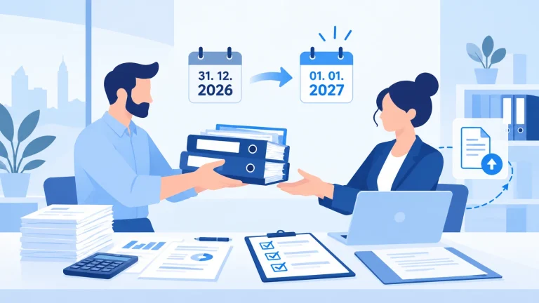 Promjena knjigovodstvenog servisa – ilustracija primopredaje dokumentacije i prelaska iz 2026. u 2027. godinu.